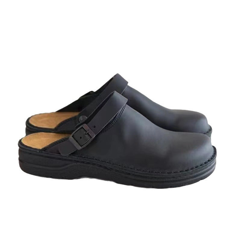 Men's Leather Mule Clog with adjustable buckle strap and padded comfort footbed Mune Fashion