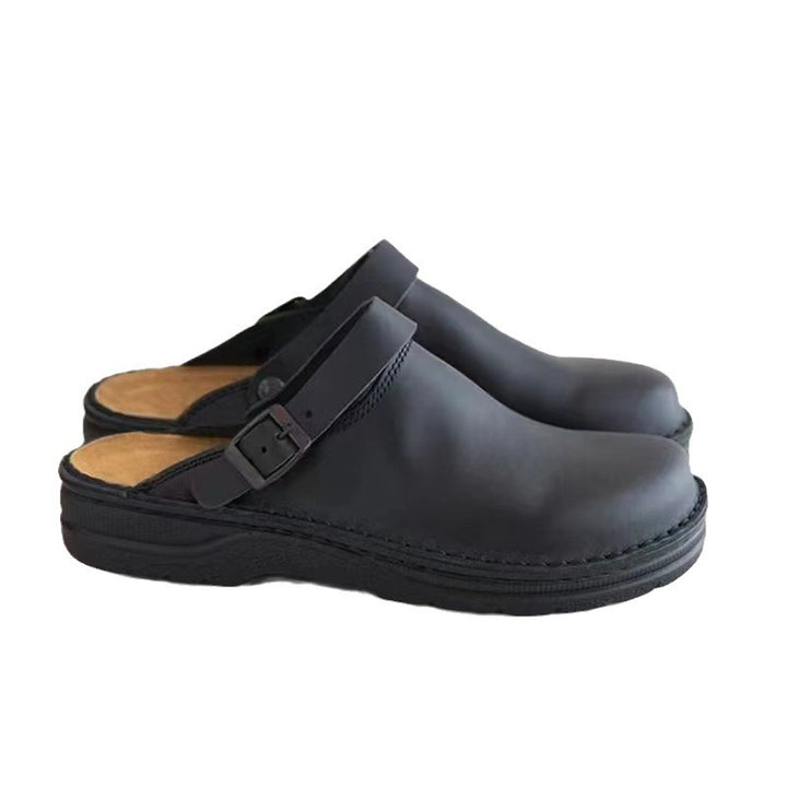 Men's Leather Mule Clog with adjustable buckle strap and padded comfort footbed Mune Fashion