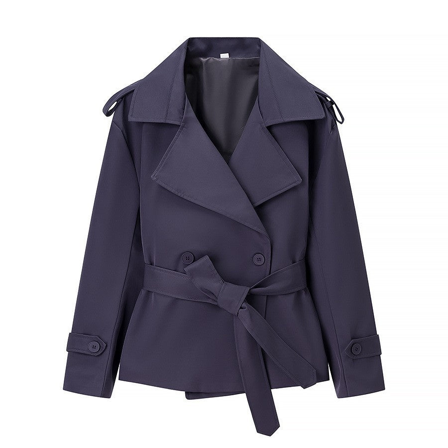 Women Tailored Short Trench Coat with Tie Belt and Epaulettes Mune Fashion