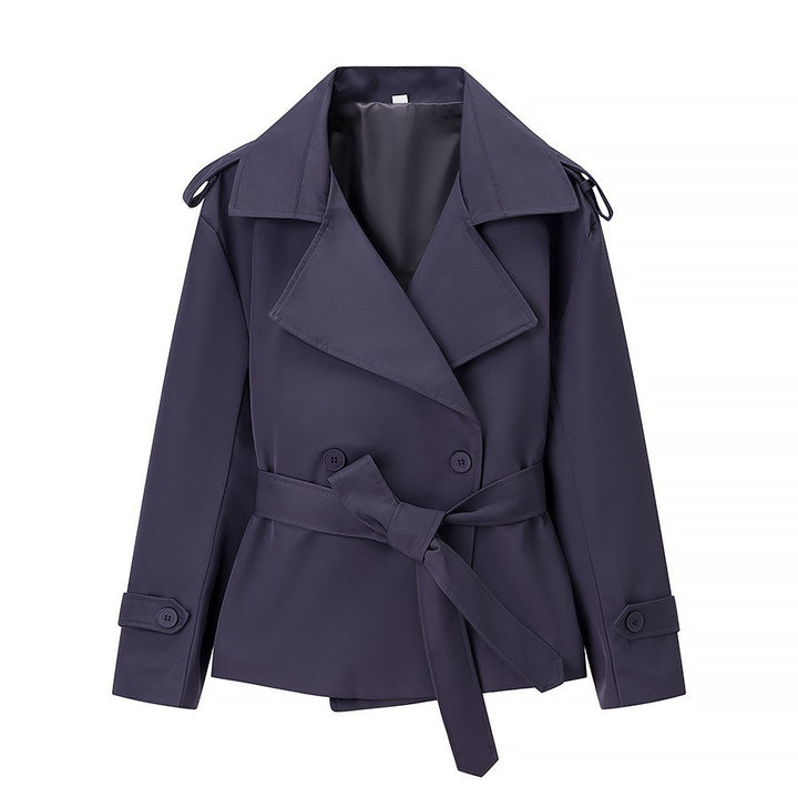 Women Tailored Short Trench Coat with Tie Belt and Epaulettes Mune Fashion