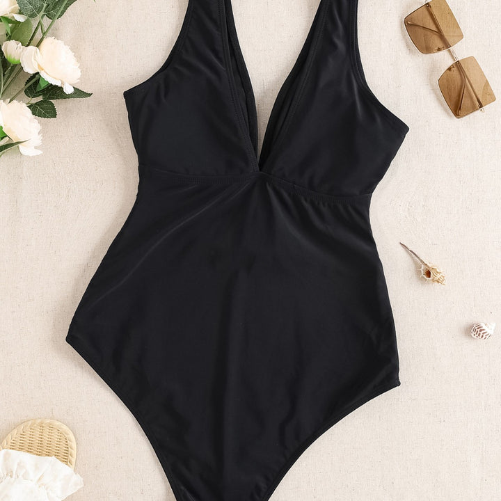 Ladies Elegant V-Neck Swimsuit with Gatherings Mune Fashion
