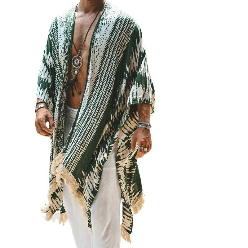 Men's lightweight beach poncho in kimono style with fringe Mune Fashion