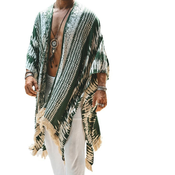 Men's lightweight beach poncho in kimono style with fringe Mune Fashion