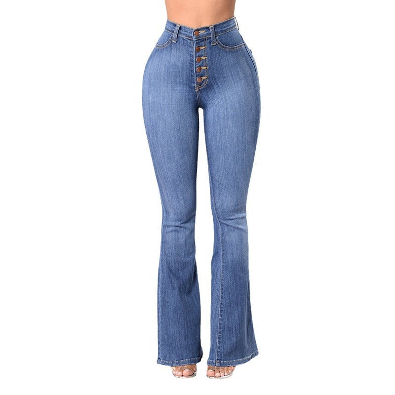 Women's nan high-waist jeans with flared hem, fitted cut and decorative button placket Mune Fashion