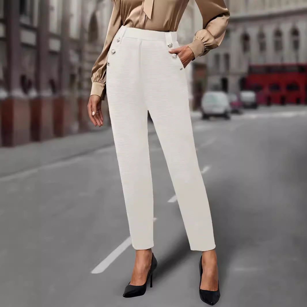 Women's High-Waisted Pleated Trousers with Decorative Buttons and Narrow Ankle Cut Mune Fashion