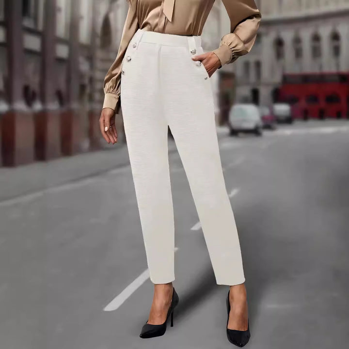 Women's High-Waisted Pleated Trousers with Decorative Buttons and Narrow Ankle Cut Mune Fashion