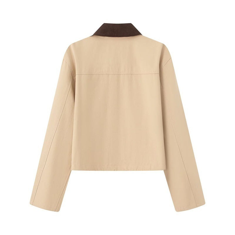 Women's Cropped Workwear Jacket with Cord Collar, Press Buttons and Drawstring Mune Fashion
