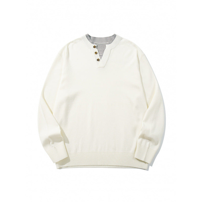 Unisex knit sweater with Henley button placket, contrast collar and boxy cut Mune Fashion