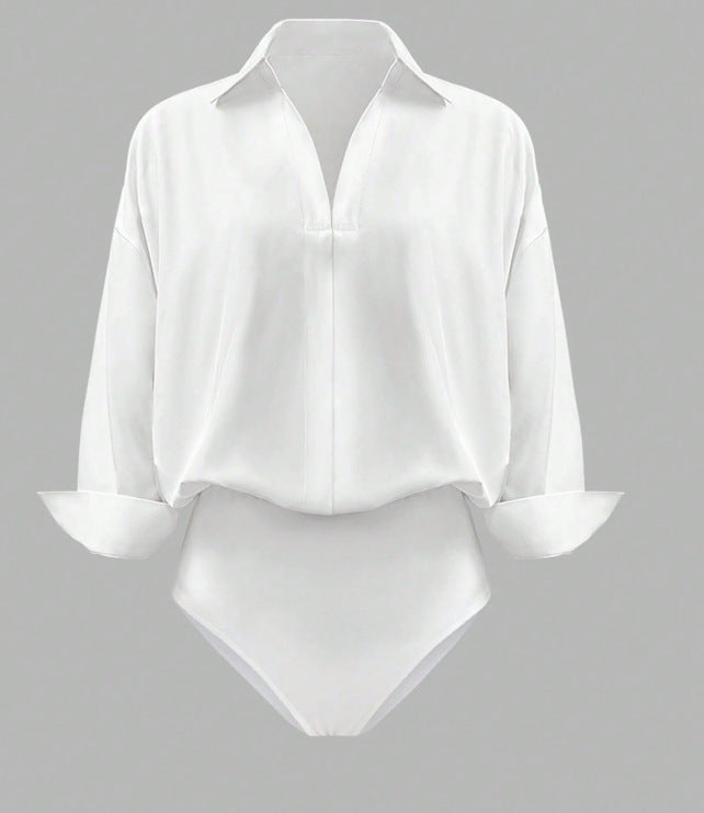Women Elegant Shirt Blouse Bodysuit with V-Neck, Oversized Cut and Cuff Flaps Mune Fashion