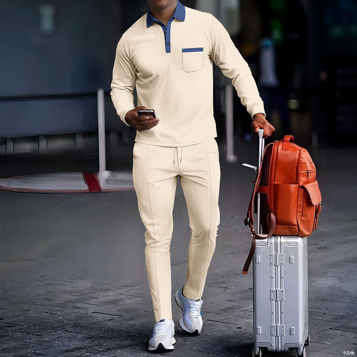 Men's travel set made of structured jersey with long sleeve polo shirt, chest pocket, and slim fit drawstring pants Mune Fashion
