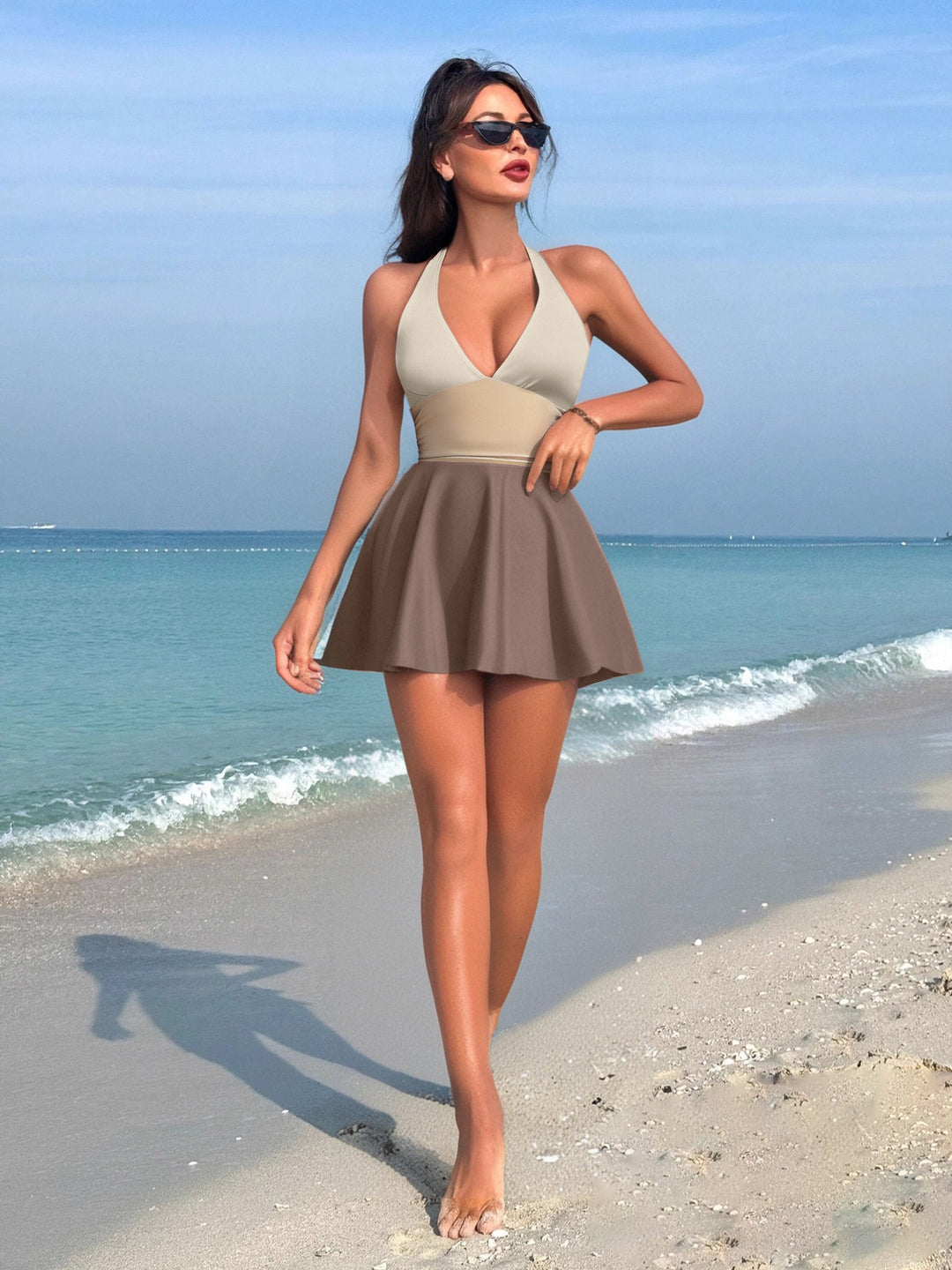 Women's Flattering Beach Swimsuit with V-Neck and Wrap Skirt Mune Fashion