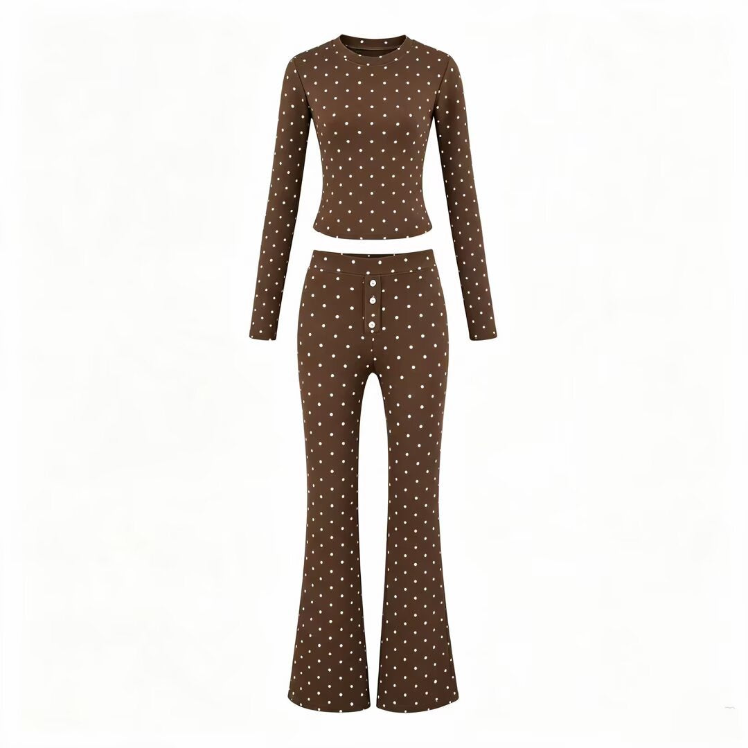 Women Two-Piece Stretch Jersey Lounge Set with Cropped Long Sleeve and High-Waist Flared Pants Mune Fashion