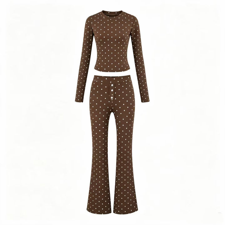 Women Two-Piece Stretch Jersey Lounge Set with Cropped Long Sleeve and High-Waist Flared Pants Mune Fashion