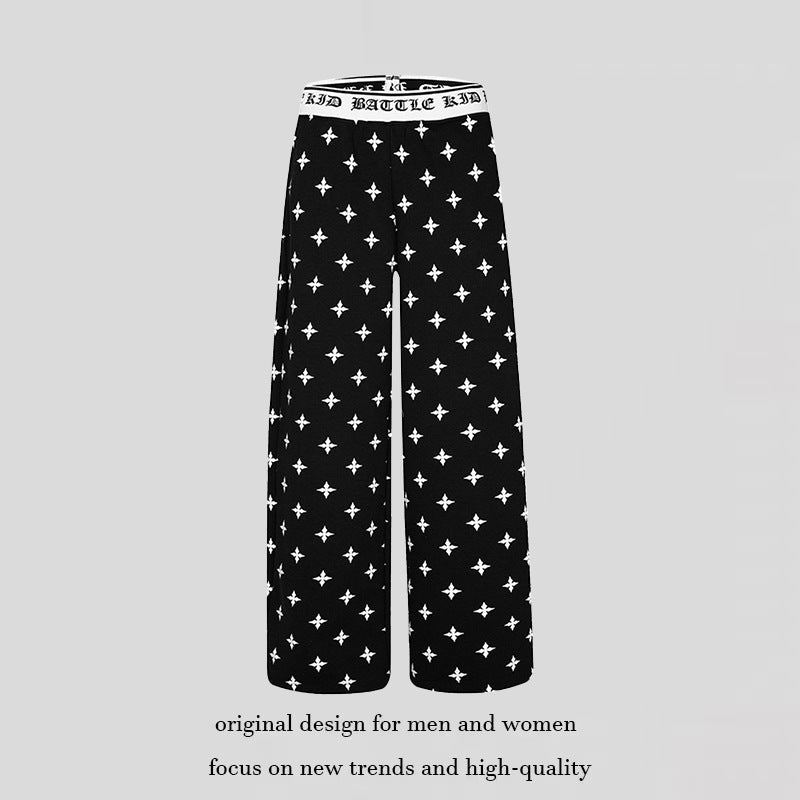 Women's extra-wide comfort lounge pants in palazzo cut with printed elastic waistband and all-over ornament print Mune Fashion