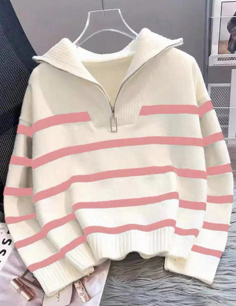 Women's Striped Half-Zip Knit Sweater with Ribbed Collar Mune Fashion