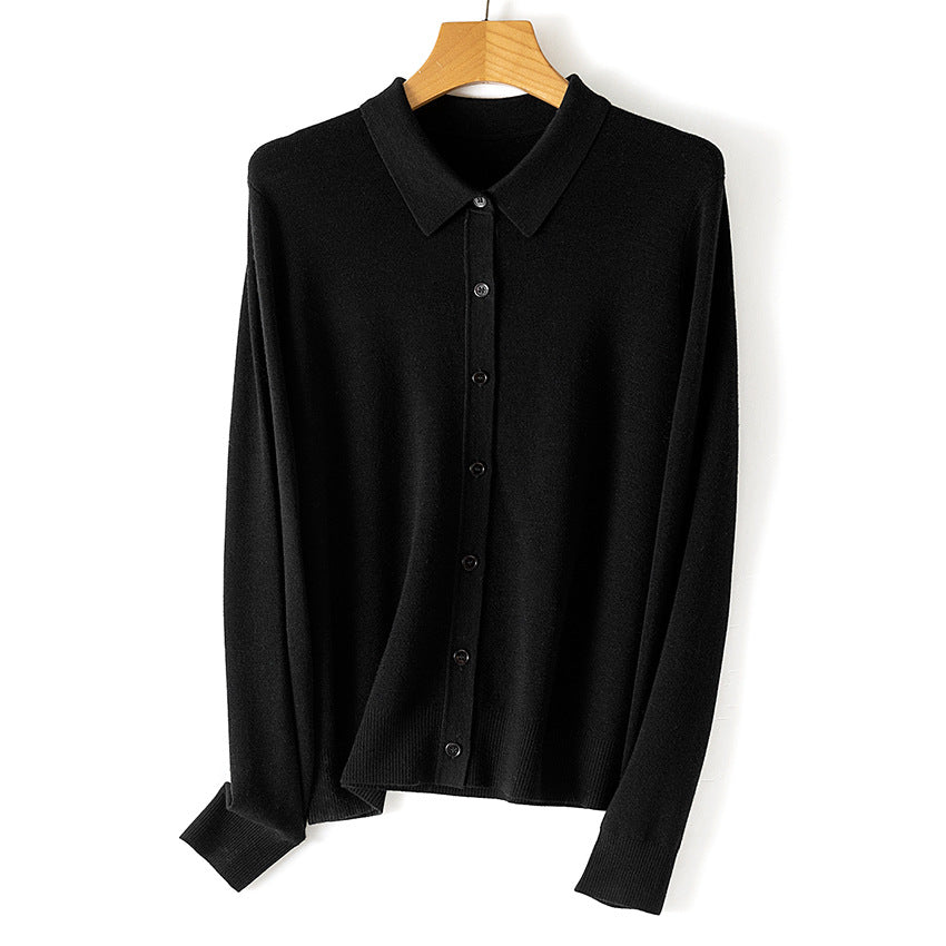 Women's Fine Button Cardigan with Shirt Collar and Fine Knit Mune Fashion