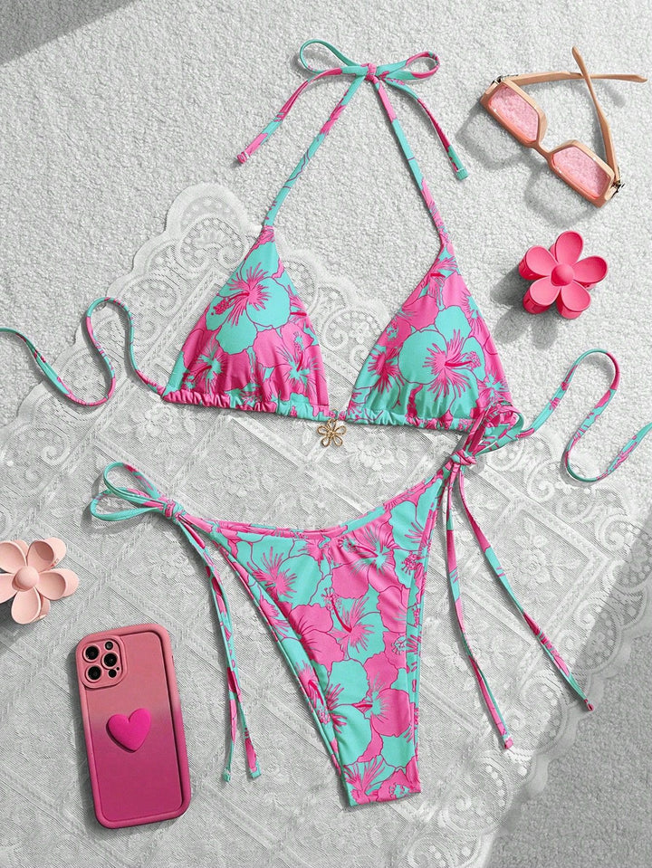 Women's triangle bikini with floral accents and intricate ties Mune Fashion