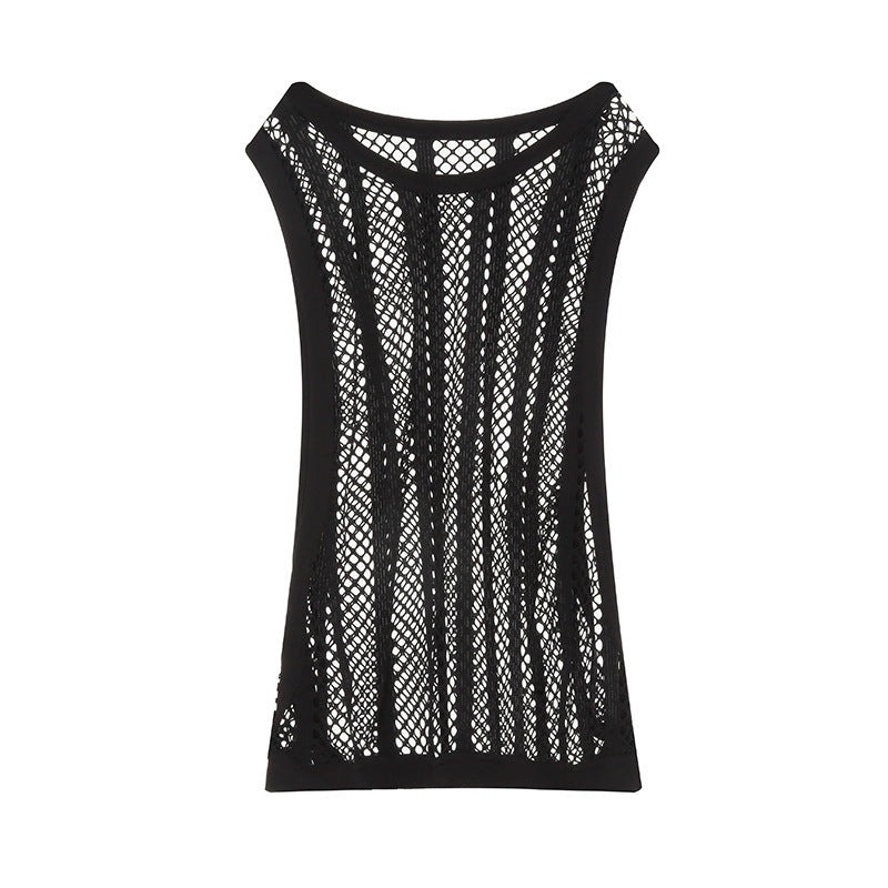 Women's airy hole knit mesh top with wide straps and elastic hem Mune Fashion
