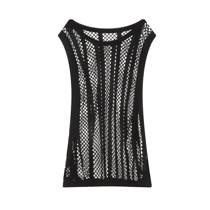 Women's airy hole knit mesh top with wide straps and elastic hem Mune Fashion