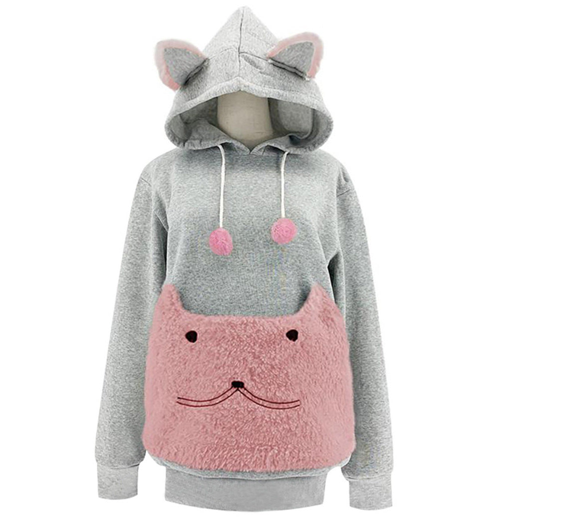 Ladies Cozy Hoodie with Cat Motif and Practical Kangaroo Pocket Mune