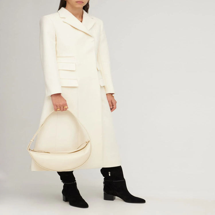 Women's long coat in a minimalist blazer style with concealed button placket and triple flap pocket Mune Fashion