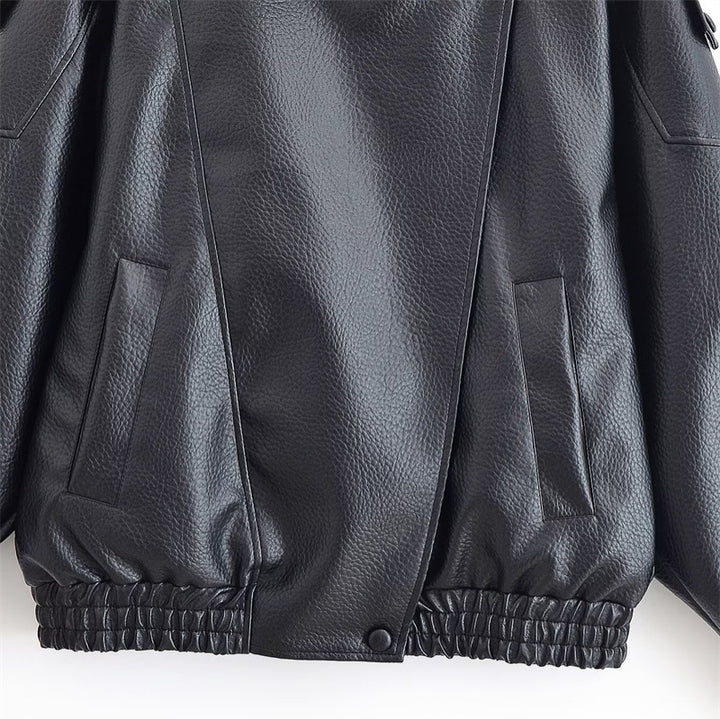 Ladies leather jacket with high stand-up collar and asymmetrical snap button placket Mune Fashion