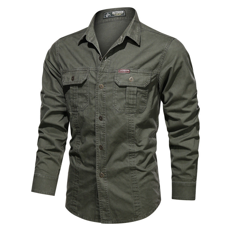 Men's rugged long-sleeve outdoor shirt with double chest pockets and button front