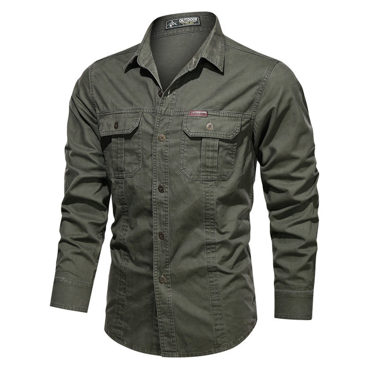 Men's rugged long-sleeve outdoor shirt with double chest pockets and button front
