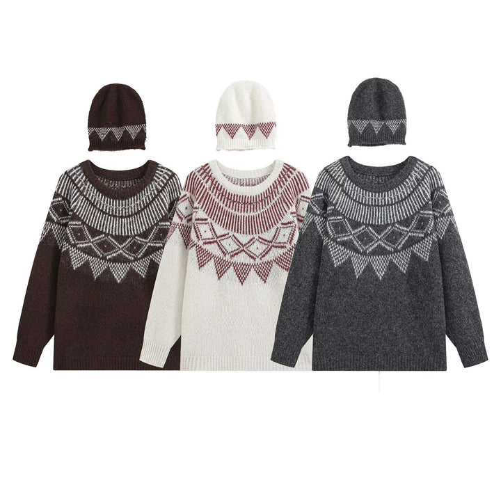 Women Oversized Norwegian Knit Sweater with Round Neckline and Matching Beanie Drune