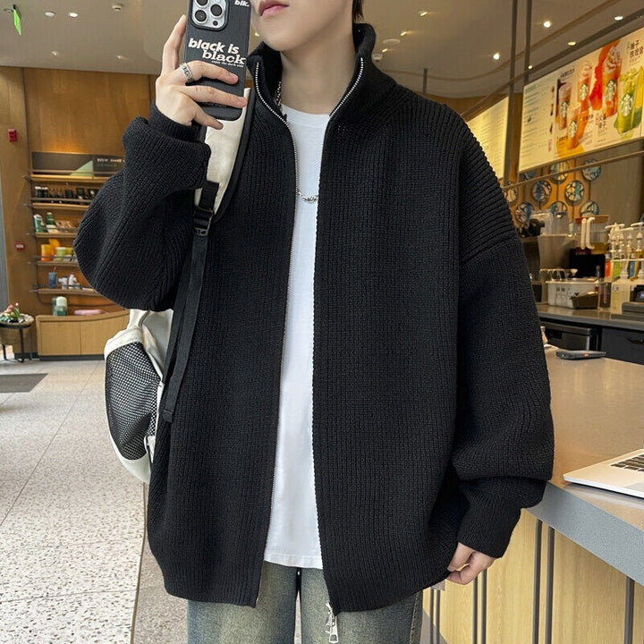 Unisex Oversized Knit Zip Jacket with Stand-Up Collar and Ribbed Cuffs Mune Fashion