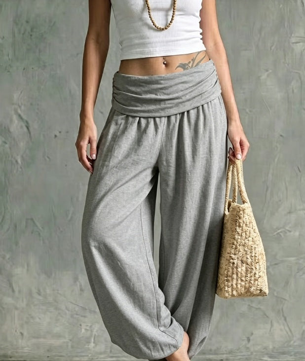 Women's Palazzo-Harem Pants with Gathered Wraparound Waist and Elastic Cuffs Mune Fashion