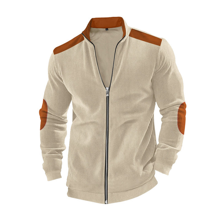 Men's ribbed leisure jacket with stand-up collar, full-length zipper and elbow and shoulder patches Mune Fashion