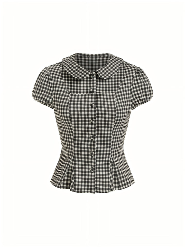 Ladies plaid blouse with Peter Pan collar, tailored peplum silhouette and puff sleeves Drune