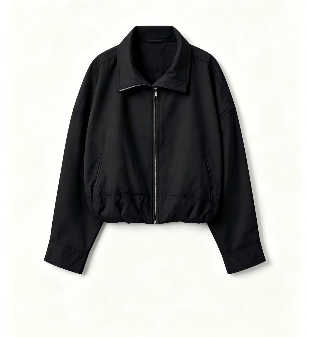 Women's Lightweight Short Bomber Jacket with Stand-up Collar, Drawstring Waist and Concealed Zipper Mune Fashion