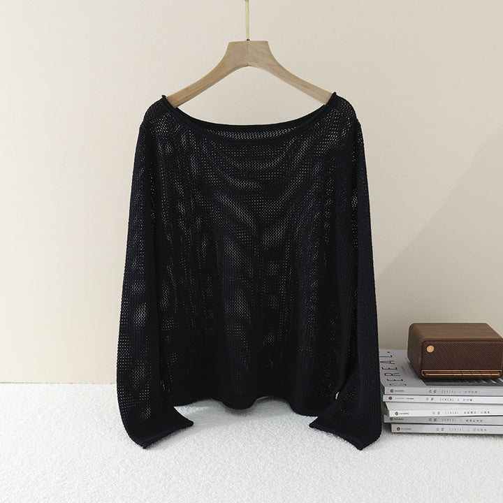 Women Loose Fine Knit Sweater with Boat Neck and Waffle Structure Mune Fashion