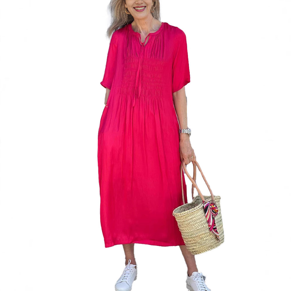Women's casual midi dress with gathered bust panel, delicate slip collar, tie belt, and side pockets Mune Fashion