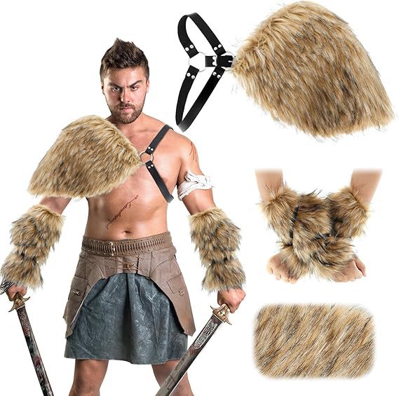 Men's Warrior Costume Accessory Set made of faux fur with shoulder drape, arm guards, and adjustable leather harness Mune Fashion