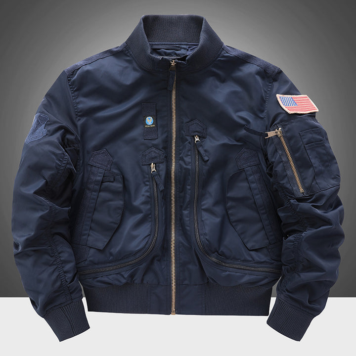 Men's flight bomber jacket with arm pocket, multiple zip pockets, and ribbed hem Mune Fashion