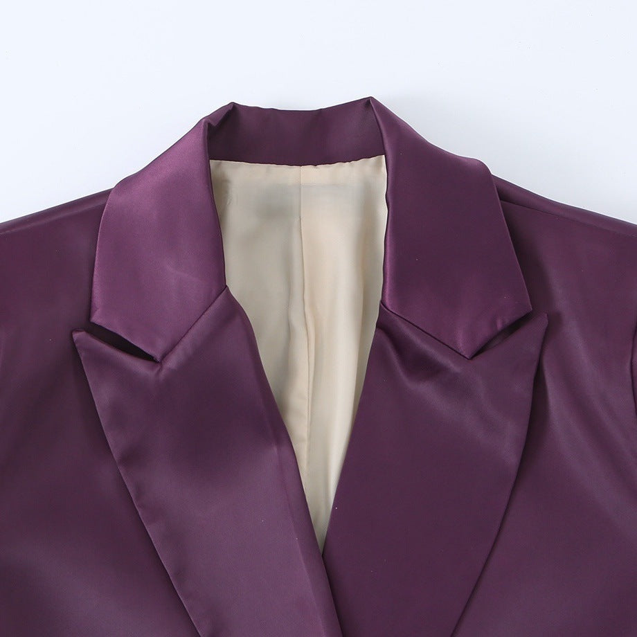 Women's Double-Breasted Satin Blazer with Notched Lapels and Flap Pockets Mune Fashion