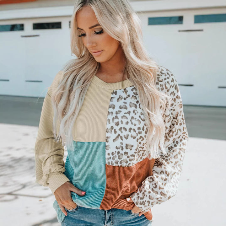 Ladies Oversize Patchwork Sweater with Animal Print and Textured Knit Mune Fashion