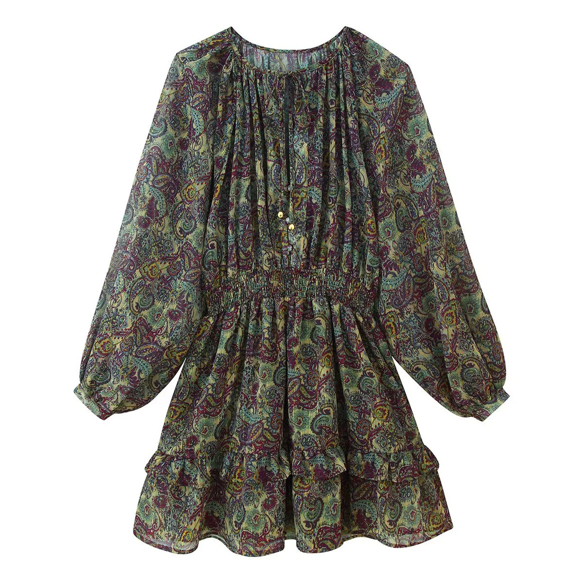 Women's gathered paisley mini dress with smocked waist, ruffled tiers, and balloon sleeves Mune Fashion