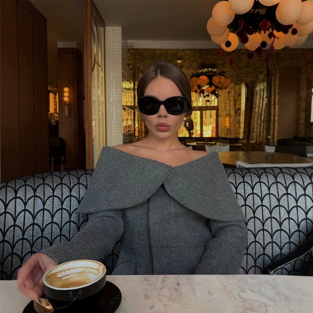 Women Elegant Boucle Set with Off-Shoulder Jacket and Fitted Pencil Skirt Mune Fashion