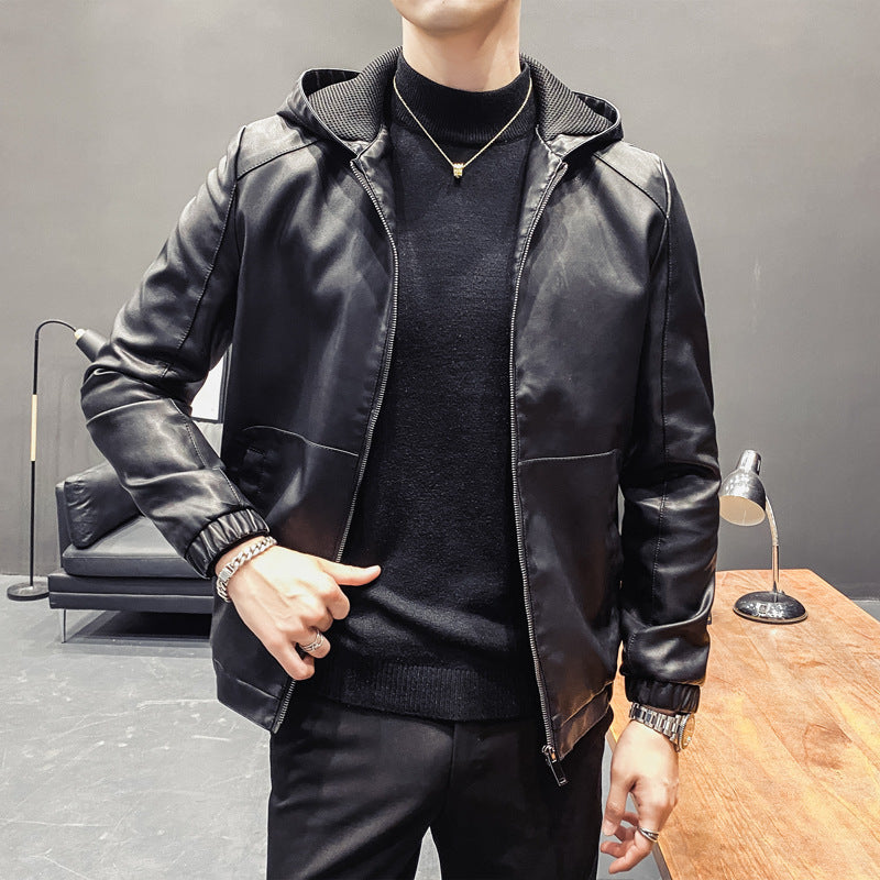 Men's Leatherette Hooded Blouson with Mesh Inner Hood, Slim Silhouette and Full Zipper Mune Fashion