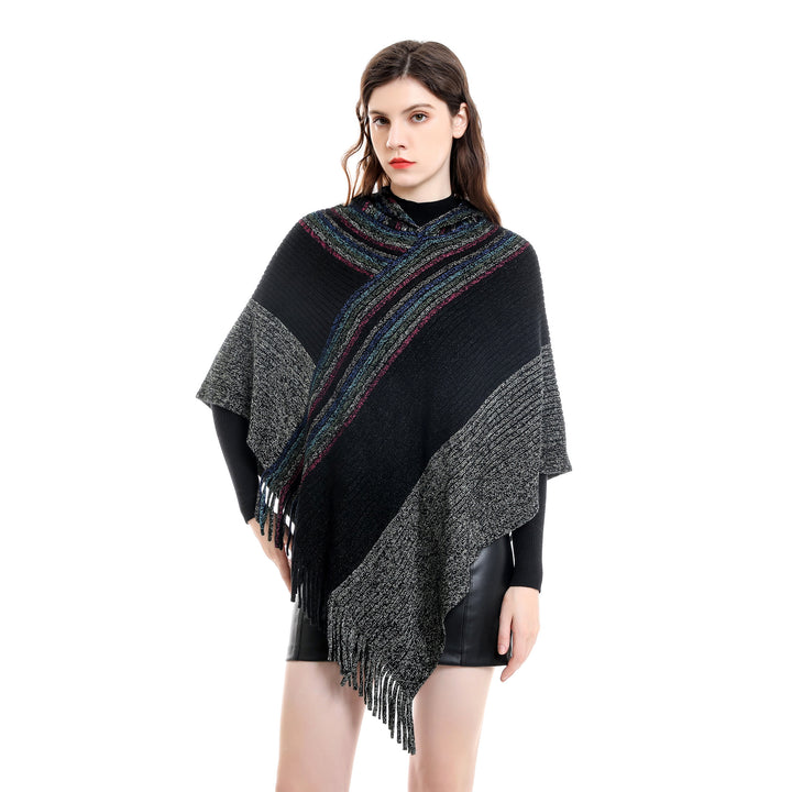 Women's Hooded Poncho in Chunky Knit with Fringe Hem Mune Fashion