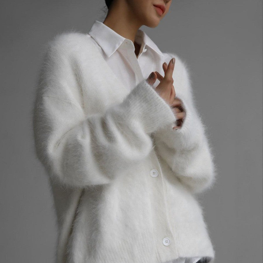 Women Fluffy Mohair-Optic Cardigan with V-Neck and Oversize Cut Mune Fashion