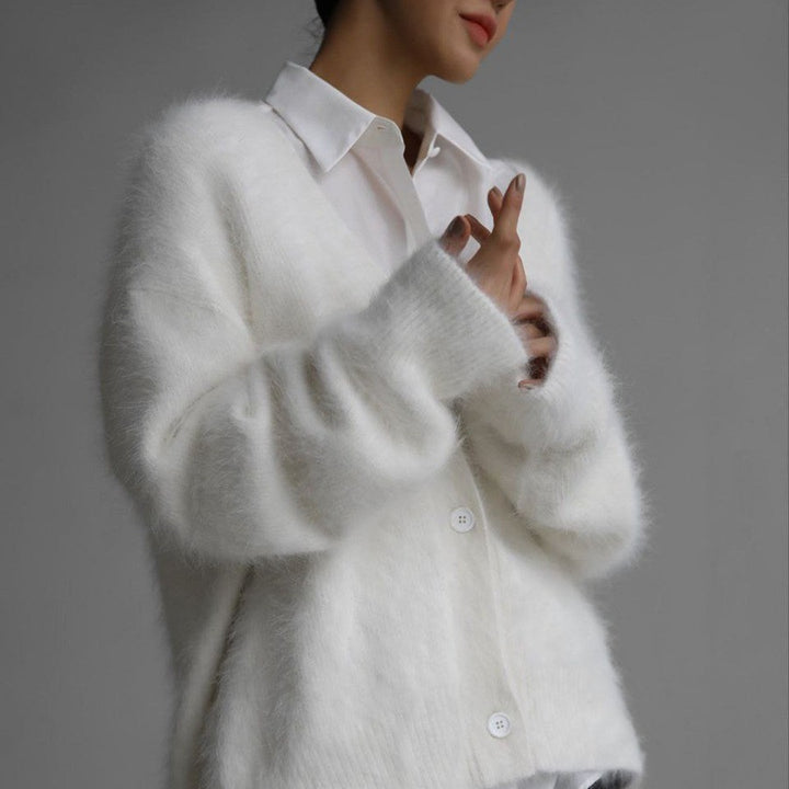 Women Fluffy Mohair-Optic Cardigan with V-Neck and Oversize Cut Mune Fashion