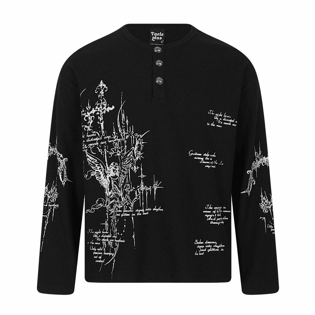 Unisex waffle knit Henley long sleeve shirt with 3-button placket and allover print Mune Fashion
