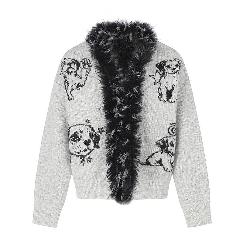 Women's cardigan with faux fur collar and illustrative dog motif Mune Fashion