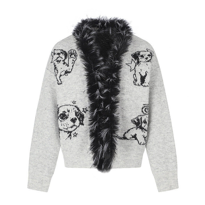 Women's cardigan with faux fur collar and illustrative dog motif Mune Fashion
