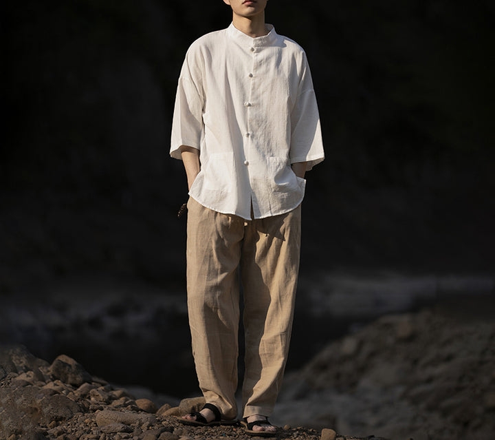 Men's Oversized Shirt in Kimono Style made of Linen-Cotton Mix with Stand-Up Collar Mune Fashion